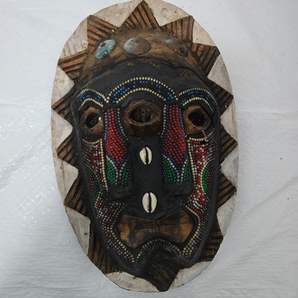 Accessories | Vintage Ghana Hand Carved African Wood Mask Beaded Cowrie ...